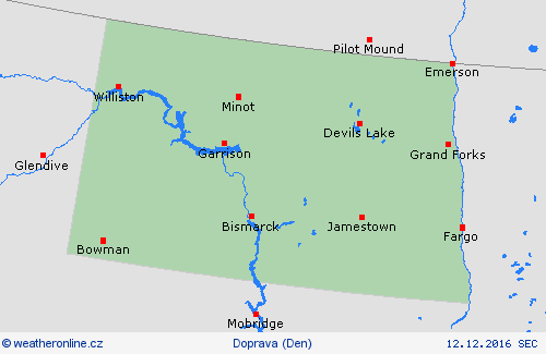 počasí a doprava Severní Dakota Severní Amerika Předpovědní mapy