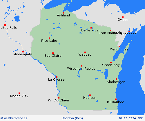 počasí a doprava Wisconsin Severní Amerika Předpovědní mapy