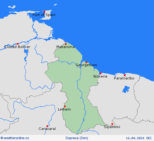 počasí a doprava Guyana Jižní Amerika Předpovědní mapy