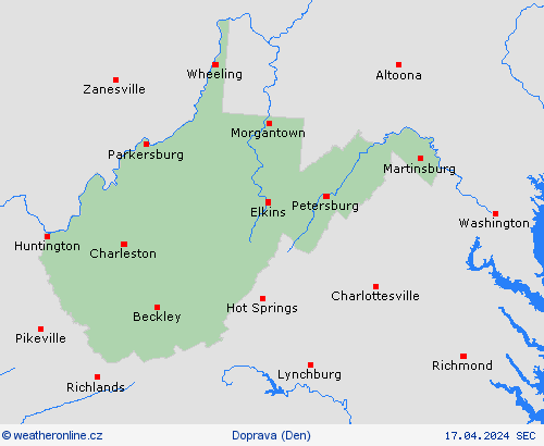počasí a doprava Západní Virginie Severní Amerika Předpovědní mapy