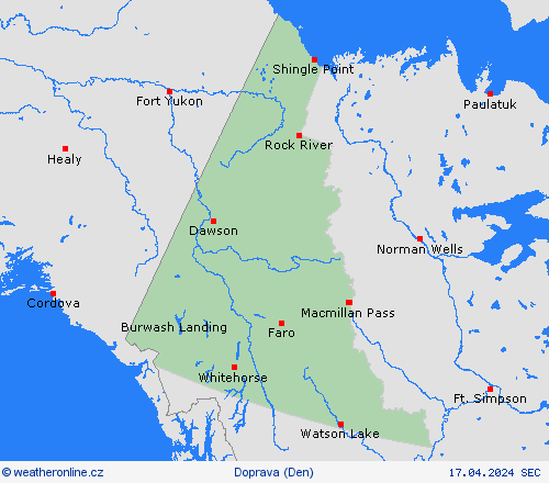 počasí a doprava Yukon Severní Amerika Předpovědní mapy