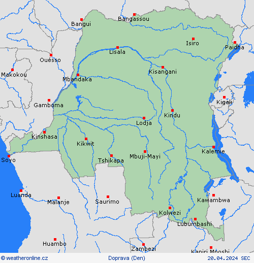 počasí a doprava Demokratická republika Kongo Afrika Předpovědní mapy