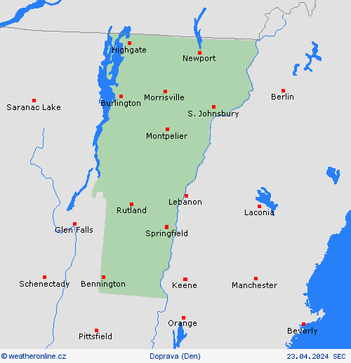 počasí a doprava Vermont Severní Amerika Předpovědní mapy