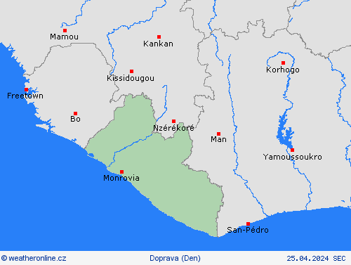 počasí a doprava Libérie Afrika Předpovědní mapy