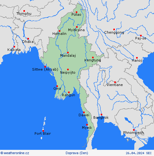 počasí a doprava Myanmar Asie Předpovědní mapy