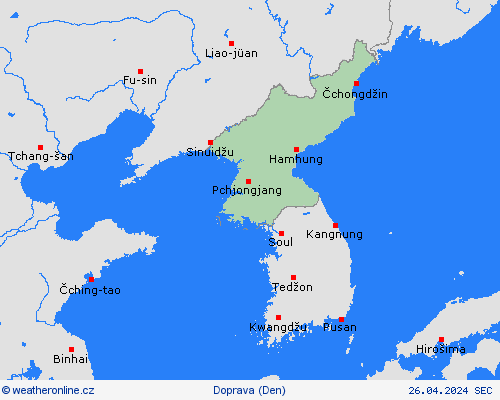 počasí a doprava Severní Korea Asie Předpovědní mapy