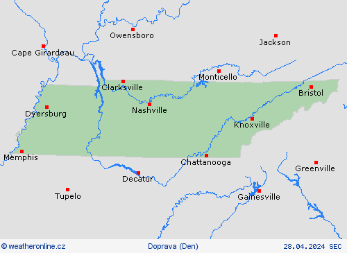 počasí a doprava Tennessee Severní Amerika Předpovědní mapy