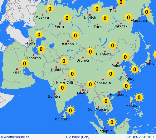 uv index  Asie Předpovědní mapy