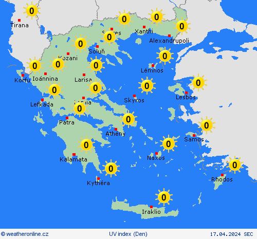uv index Řecko Evropa Předpovědní mapy