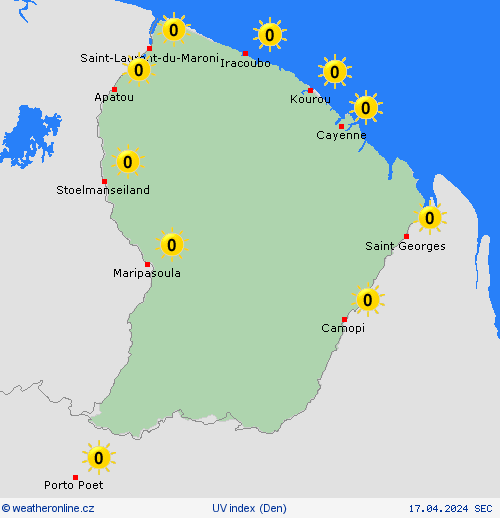 uv index Francouzská Guyana Jižní Amerika Předpovědní mapy
