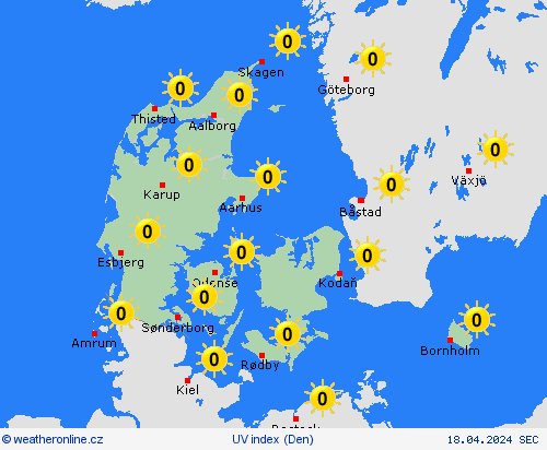 uv index Dánsko Evropa Předpovědní mapy