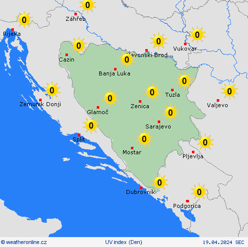 uv index Bosna a Hercegovina Evropa Předpovědní mapy