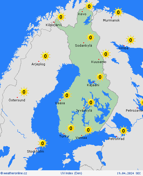 uv index Finsko Evropa Předpovědní mapy