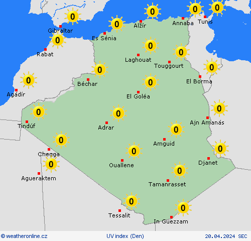 uv index Alžírsko Afrika Předpovědní mapy