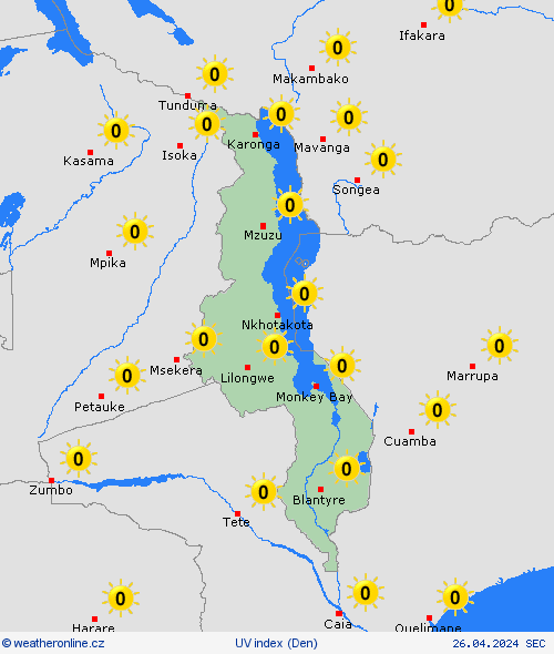 uv index Malawi Afrika Předpovědní mapy