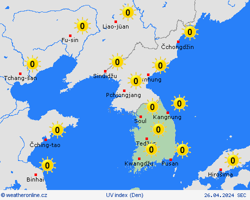 uv index Jižní Korea Asie Předpovědní mapy