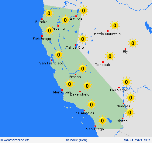 uv index Kalifornie Severní Amerika Předpovědní mapy