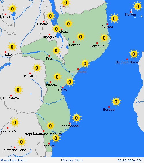 uv index Mosambik Afrika Předpovědní mapy