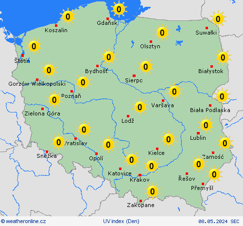 uv index Polsko Evropa Předpovědní mapy