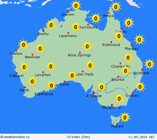 uv index Austrálie Oceánie Předpovědní mapy