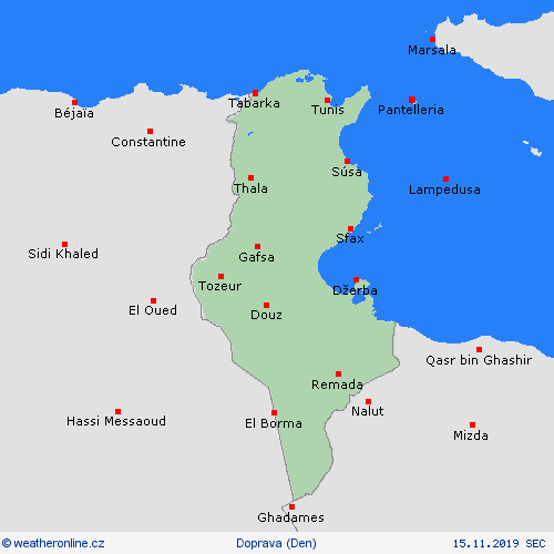 počasí a doprava Tunisko Afrika Předpovědní mapy