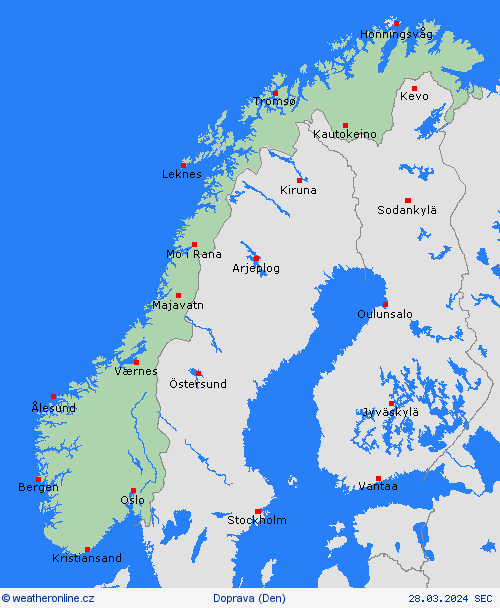 počasí a doprava Norsko Evropa Předpovědní mapy