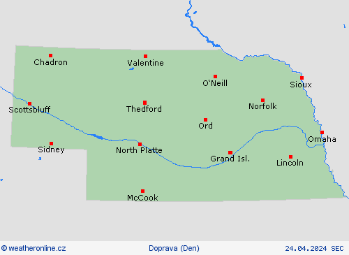počasí a doprava Nebraska Severní Amerika Předpovědní mapy