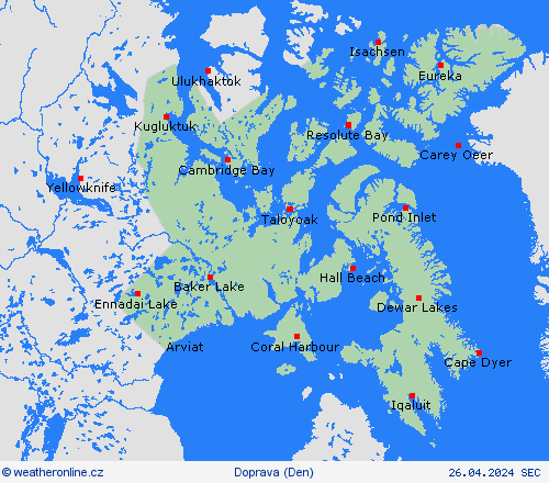 počasí a doprava Nunavut Severní Amerika Předpovědní mapy