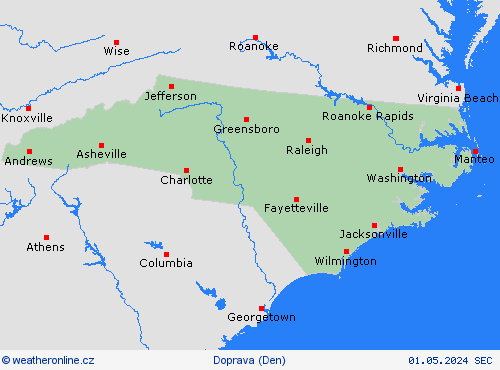 počasí a doprava Severní Karolína Severní Amerika Předpovědní mapy