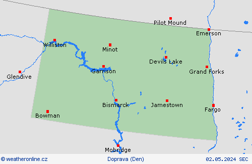 počasí a doprava Severní Dakota Severní Amerika Předpovědní mapy