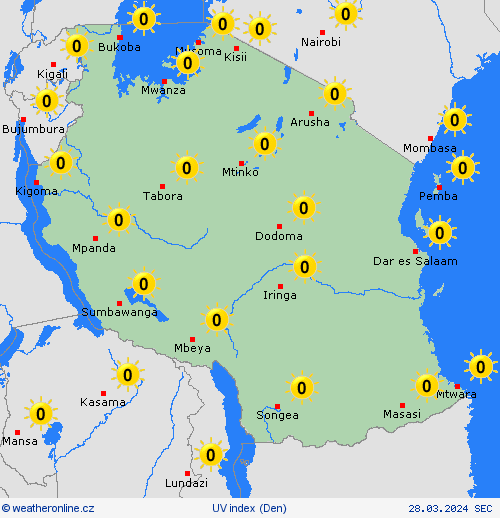 uv index Tanzanie Afrika Předpovědní mapy