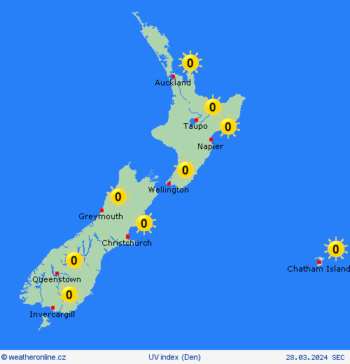 uv index Nový Zéland Oceánie Předpovědní mapy