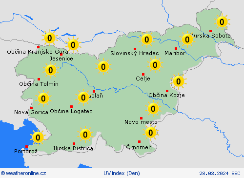 uv index Slovinsko Evropa Předpovědní mapy