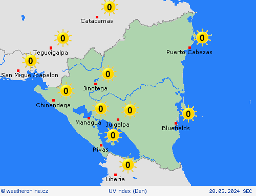 uv index Nikaragua Střední Amerika Předpovědní mapy