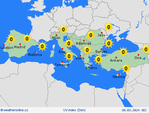 uv index  Evropa Předpovědní mapy