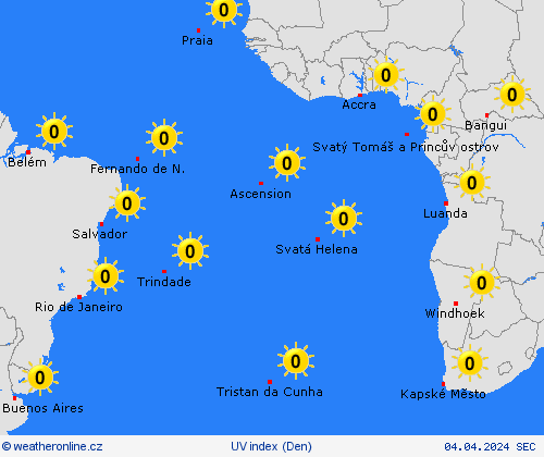 uv index Atlantik ostrovy Afrika Předpovědní mapy