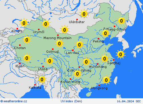 uv index Čínská lidová republika Asie Předpovědní mapy
