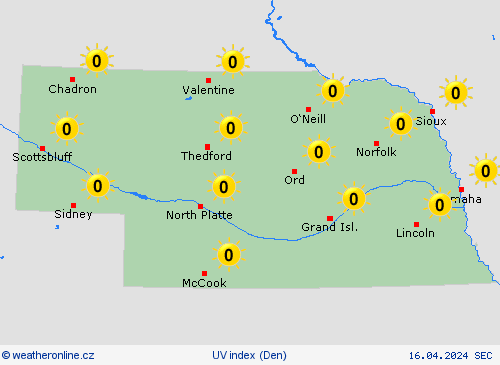 uv index Nebraska Severní Amerika Předpovědní mapy
