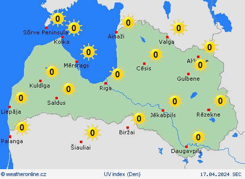 uv index Lotyšsko Evropa Předpovědní mapy