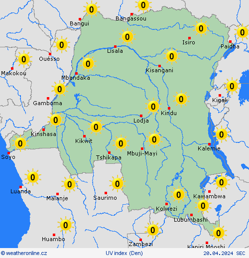 uv index Demokratická republika Kongo Afrika Předpovědní mapy