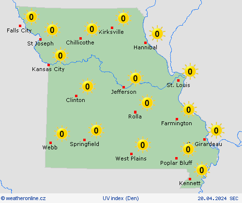 uv index Missouri Severní Amerika Předpovědní mapy