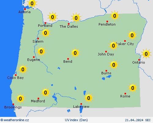 uv index Oregon Severní Amerika Předpovědní mapy