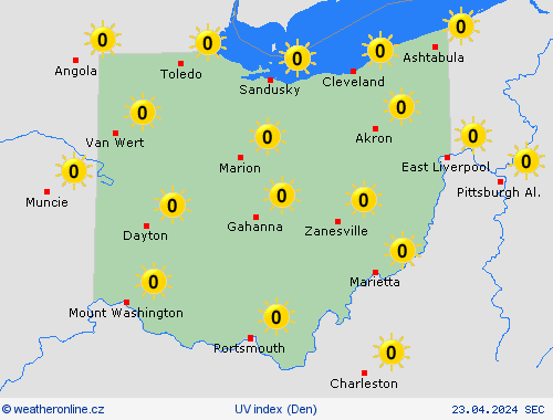 uv index Ohio Severní Amerika Předpovědní mapy