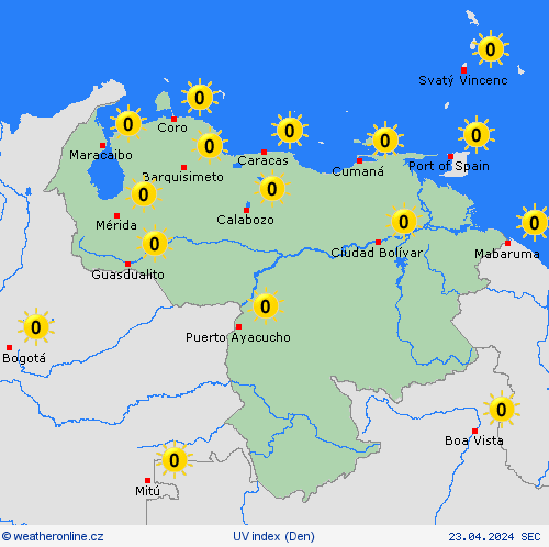 uv index Venezuela Jižní Amerika Předpovědní mapy