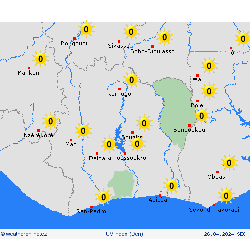 uv index Pobřeží slonoviny Afrika Předpovědní mapy
