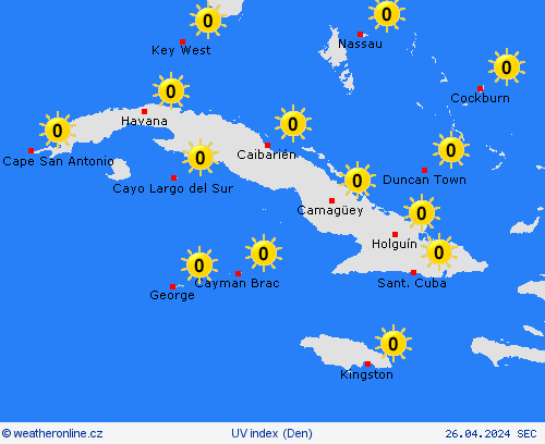 uv index Kajmanské ostrovy Střední Amerika Předpovědní mapy