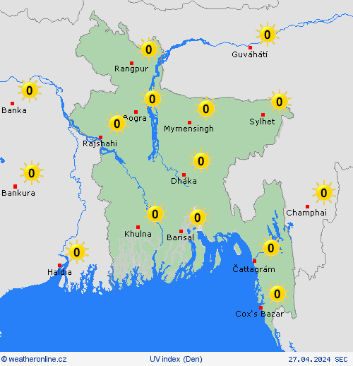 uv index Bangladéš Asie Předpovědní mapy