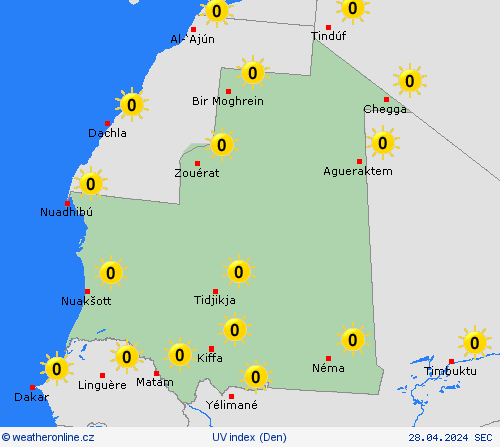 uv index Mauritánie Afrika Předpovědní mapy