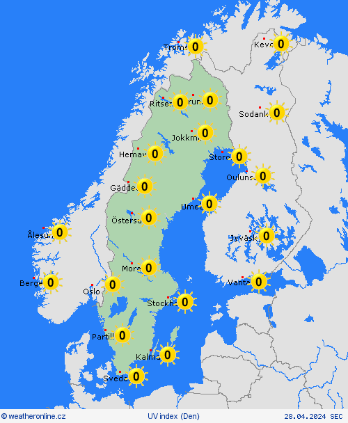 uv index Švédsko Evropa Předpovědní mapy