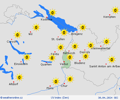 uv index Lichtenštejnsko Evropa Předpovědní mapy